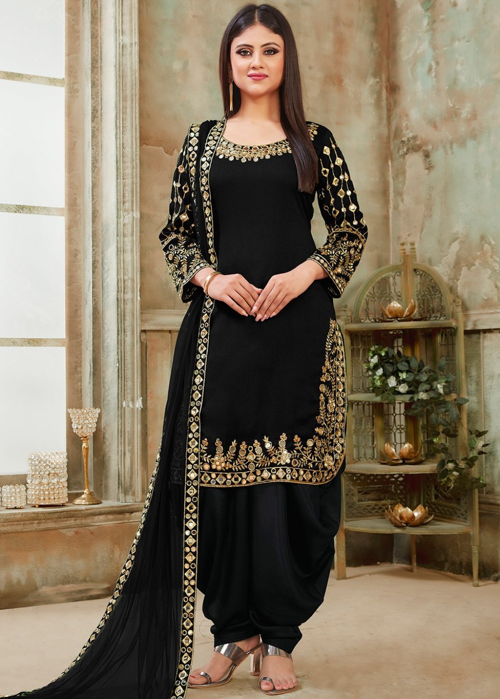Picture of: Black Art Silk Mirror Work Punjabi Suit