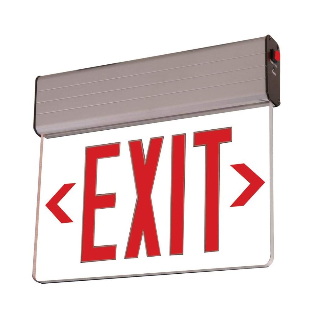 Picture of: Edge Illuminated Exit Sign, Ultra Bright LED Illuminated, Battery Backup,  Double Sided, Red Letters, Mirror Plate, Anodized Aluminum Housing