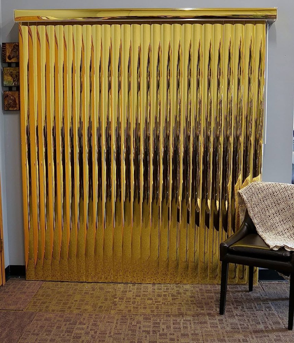 Picture of: Gold Mirror Vinyl Vertical Blinds with -/” Reflective Vanes, 6″ Wide x  ” Long, Cordless
