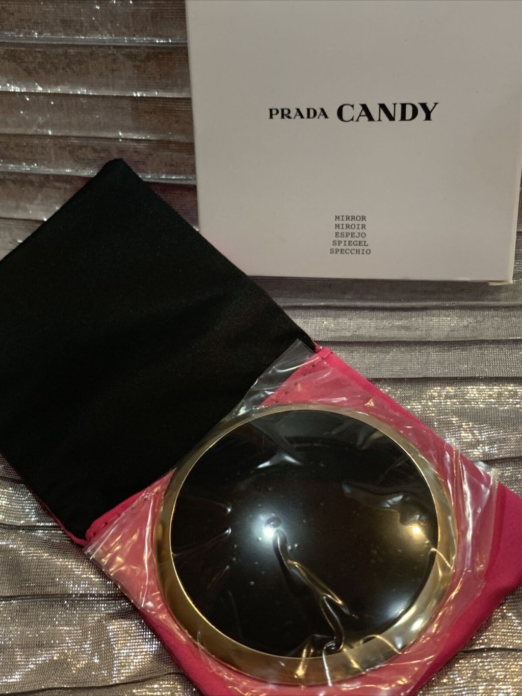 Picture of: PRADA CANDY BEAUTIFUL BLACK/GOLD TRAVEL MIRROR W PINK SATIN POUCH