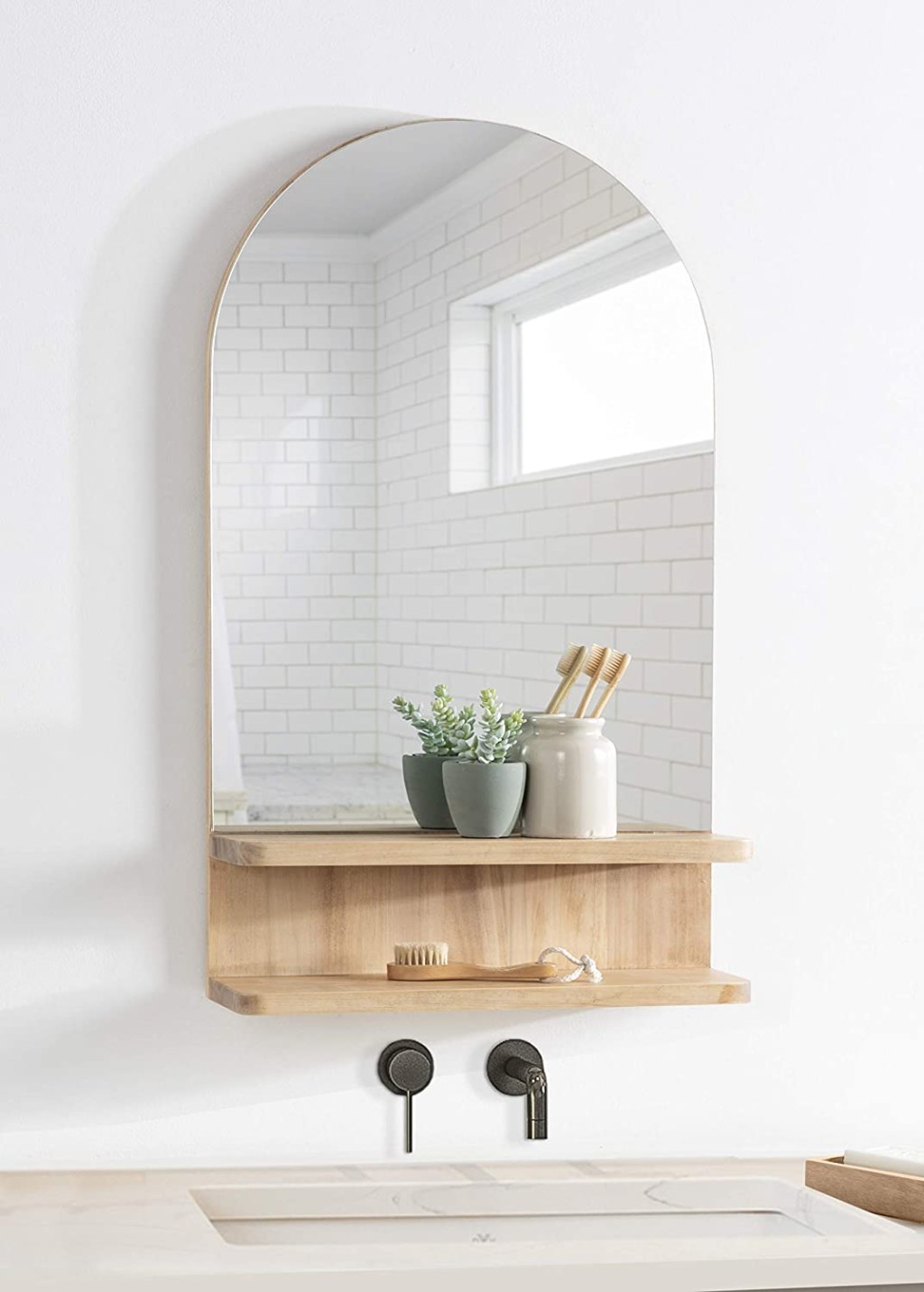 Picture of: scandinavian bathroom vanity mirror with arched top and open