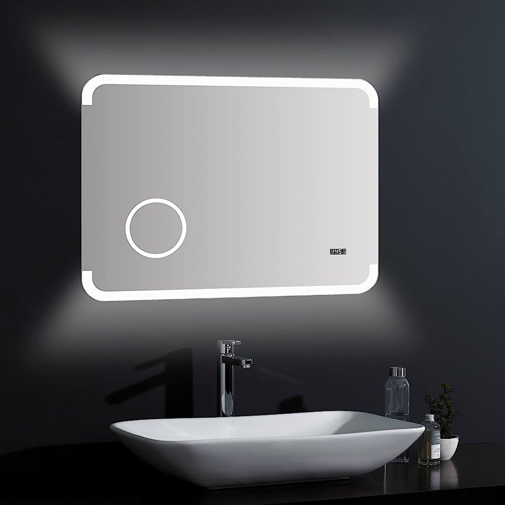 Picture of: Talos Harmony LED Bathroom Mirror –  x  cm – Backlit Room Light –  Illuminated Cosmetic Mirror with x Magnification – Digital Clock –  High-Quality