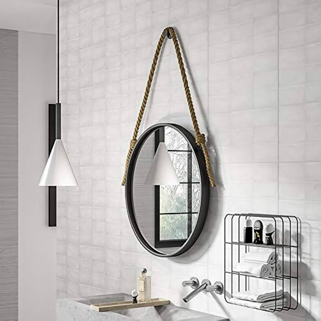Picture of: Yunteng shop Nordic Bathroom Mirror, Home Round Wall Hanging Mirror, Retro  Hemp Rope Decorative Mirror, Wrought Iron Metal Wall Mirror (Colour: Black,